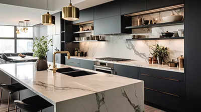 Cocina con cubierta de mármol